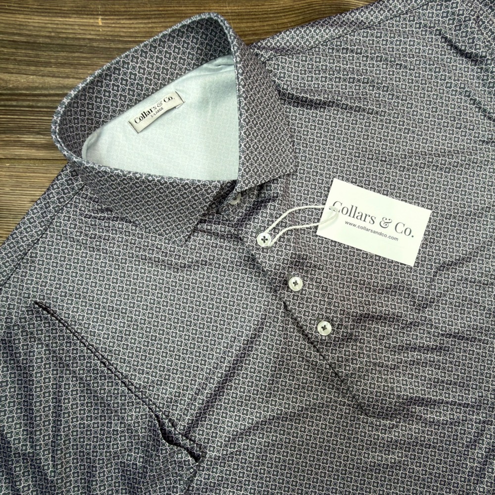 Collars & Co Mens XL Dress Collar Polo Grey Lavender Geometric Performance NWT